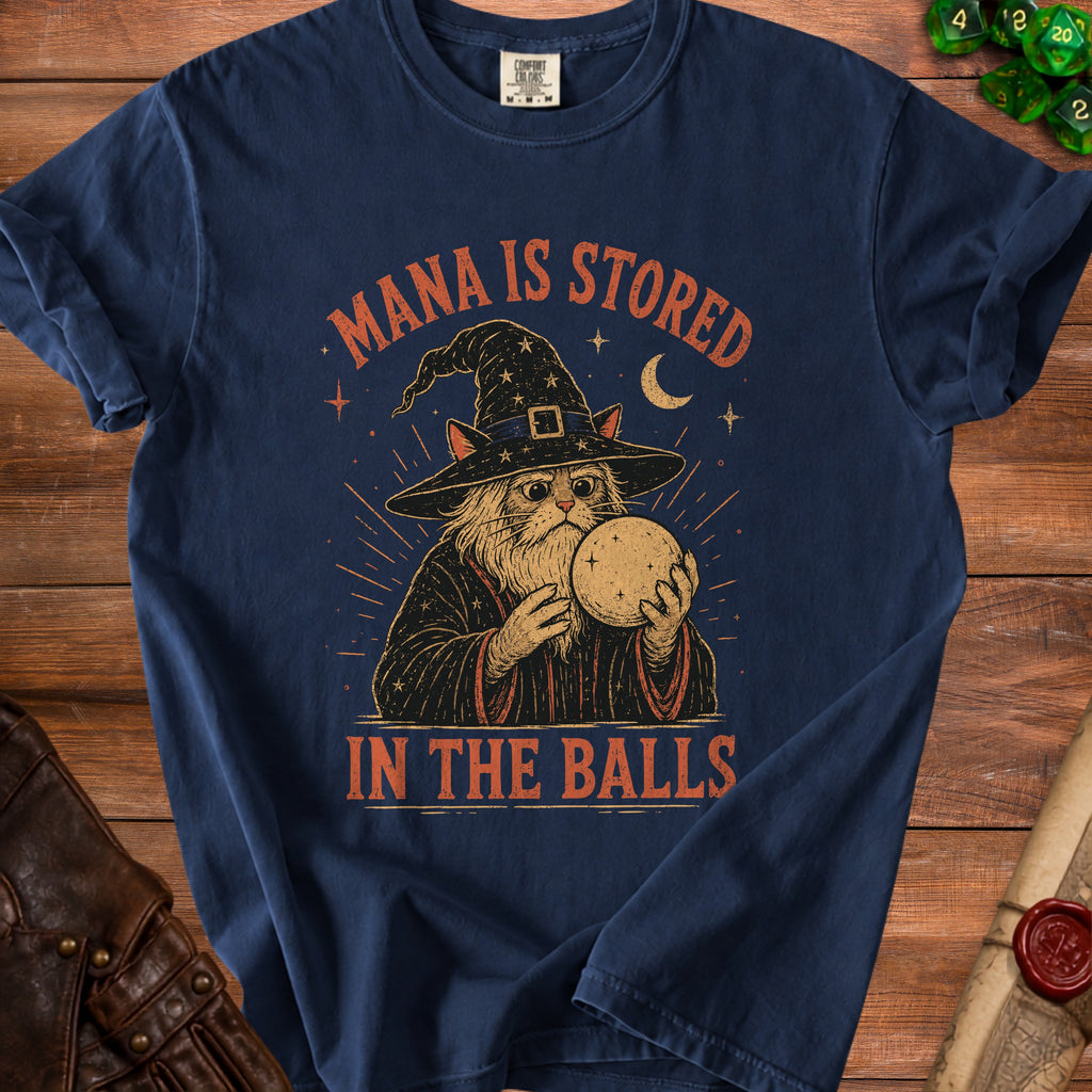 Navy t-shirt with wizard cat holding crystal ball and text "Mana is stored in the balls."