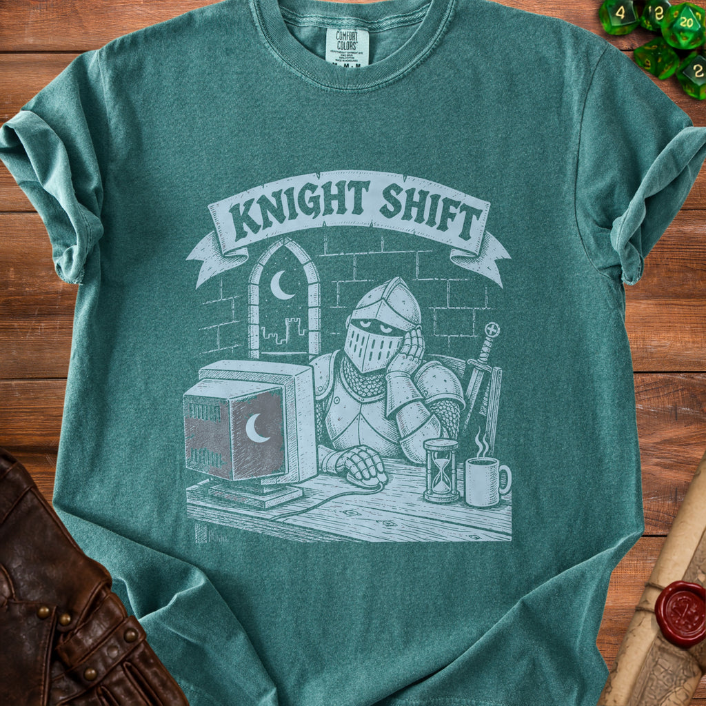 Knight Shift shirt design shows a knight at a computer with a crescent moon.