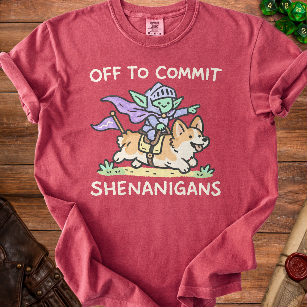 Goblin in knight armor riding a corgi, text "OFF TO COMMIT SHENANIGANS".