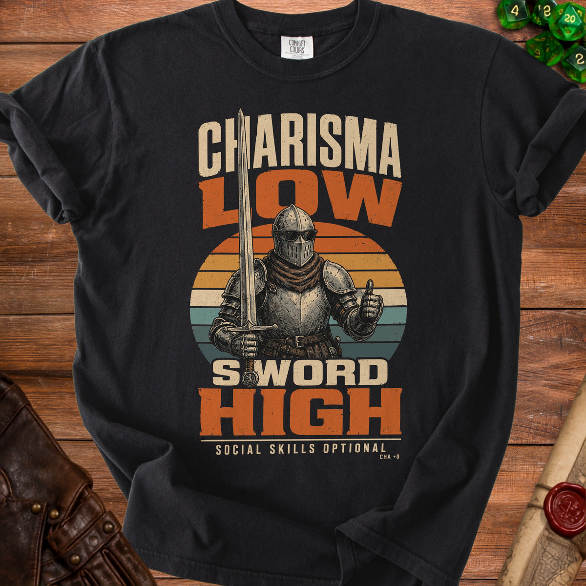 Charisma Low Sword High t-shirt with knight illustration and vintage sunset.
