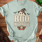 Ghost wearing witch hat with bats, "BOO INITIATIVE" text, and dice tray with D20.