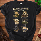 Black t-shirt featuring "Canine Questing Guild" and dogs dressed as Bard, Barbarian, Cleric, Druid, Rogue, and Wizard.