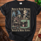 Wizard making coffee with text "Born to Brew Potions, Forced to Make Lattes".