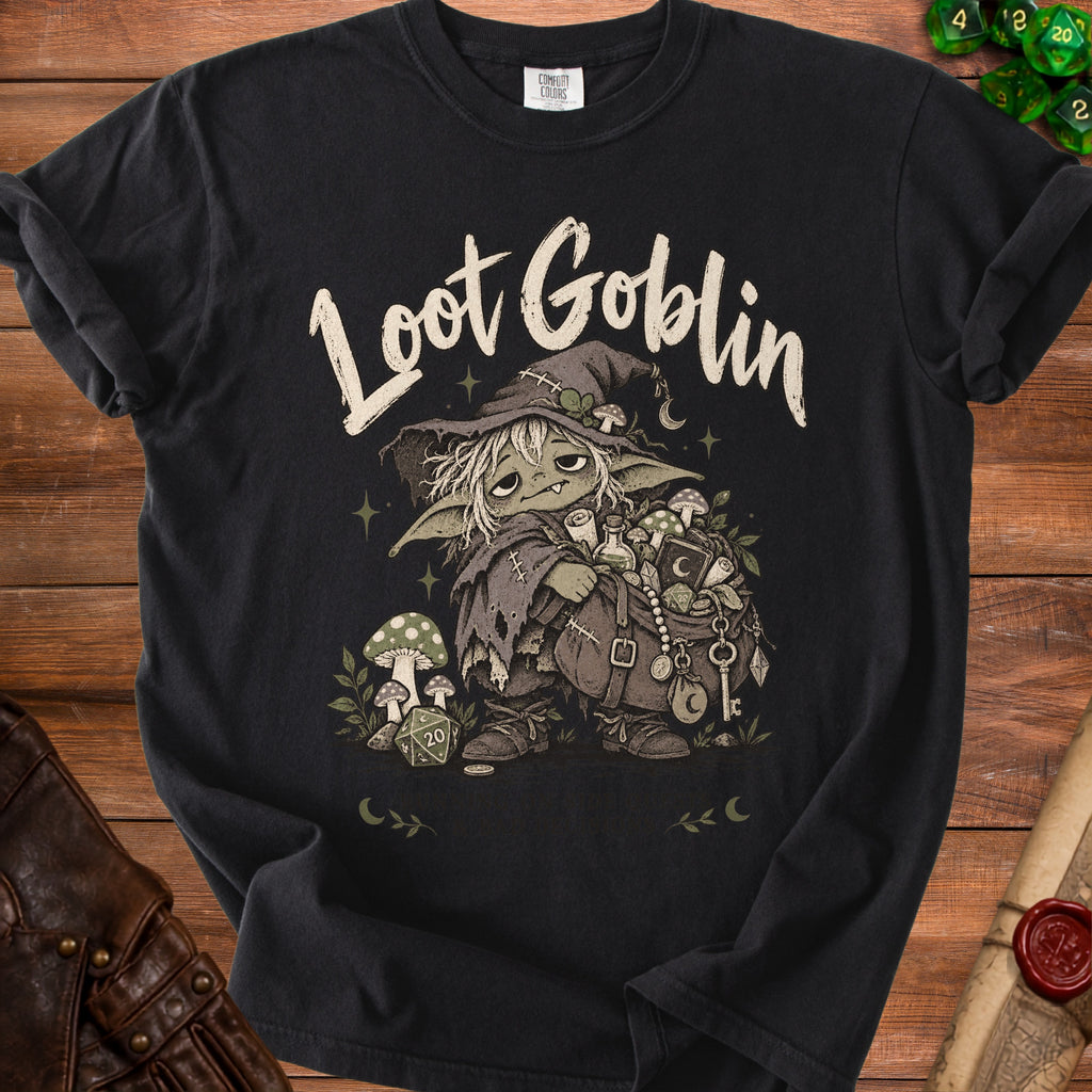 Black t-shirt with a "Loot Goblin" graphic featuring a goblin with a hat and a bag of loot.