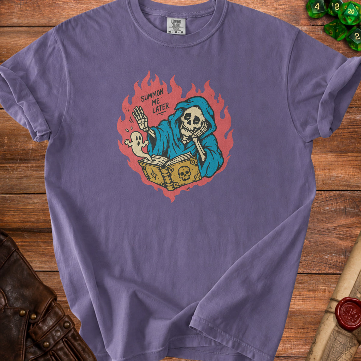 Skeleton in blue robe with ghost next to spellbook, "Summon Me Later" text.