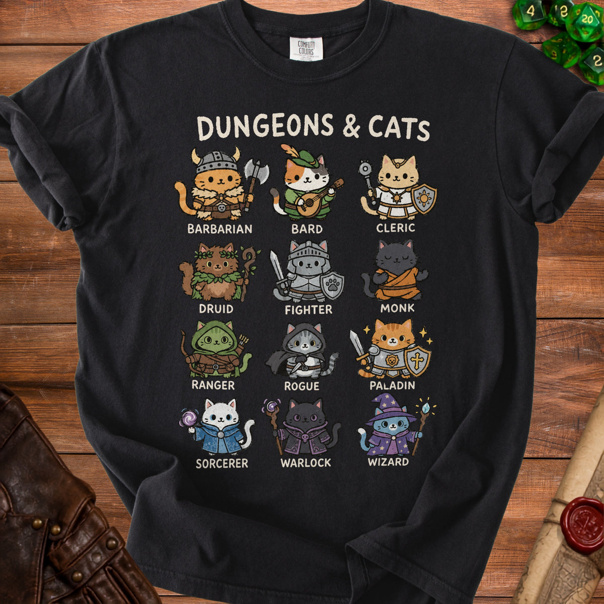 Black t-shirt with "Dungeons & Cats" title and 12 cat characters depicted as RPG classes.