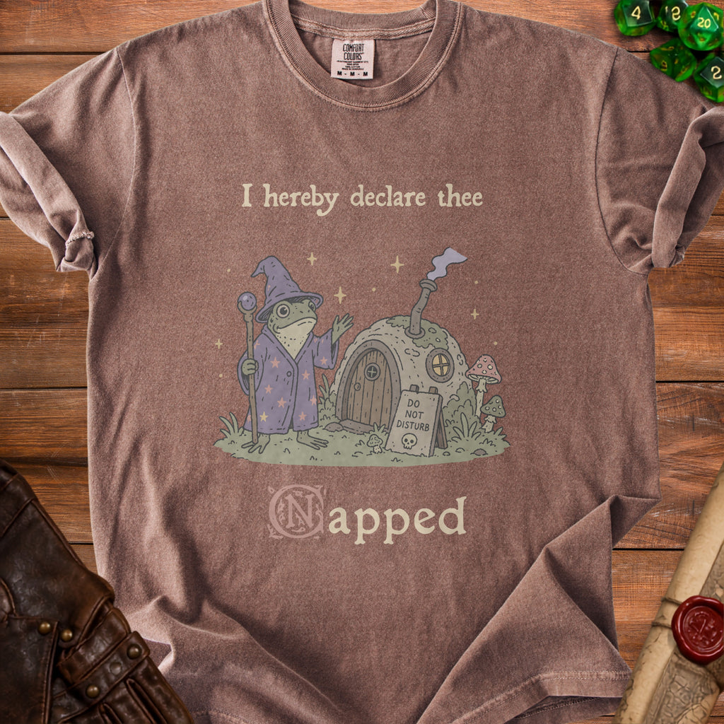 Brown t-shirt with a graphic of a frog wizard and a hobbit-like house with a "Do Not Disturb" sign.