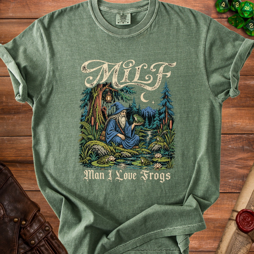 Green shirt with wizard holding frog and text "MILF Man I Love Frogs".