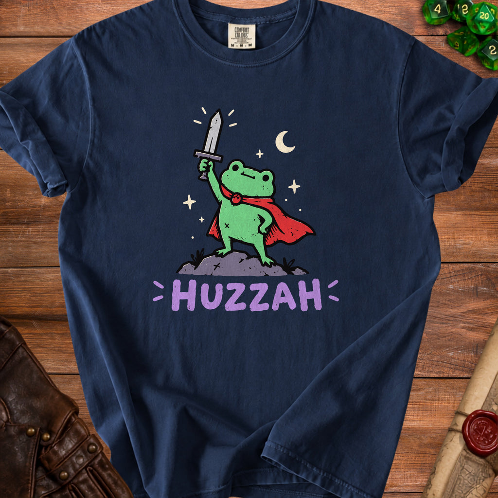 Frog wearing a cape and holding a sword, with "HUZZAH" text.