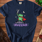 Frog wearing a cape and holding a sword, with "HUZZAH" text.
