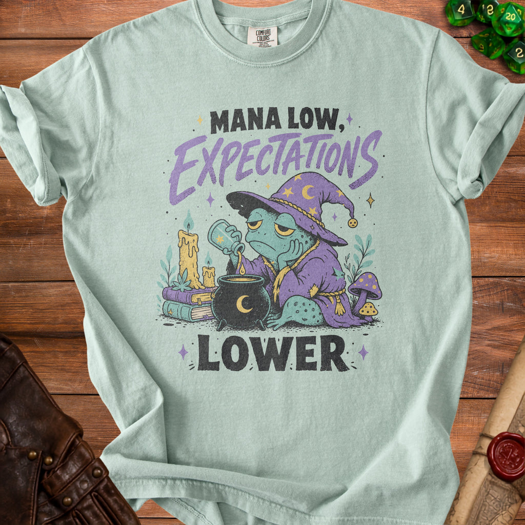 T-shirt with a wizard frog holding a potion and the text "MANA LOW, EXPECTATIONS LOWER".