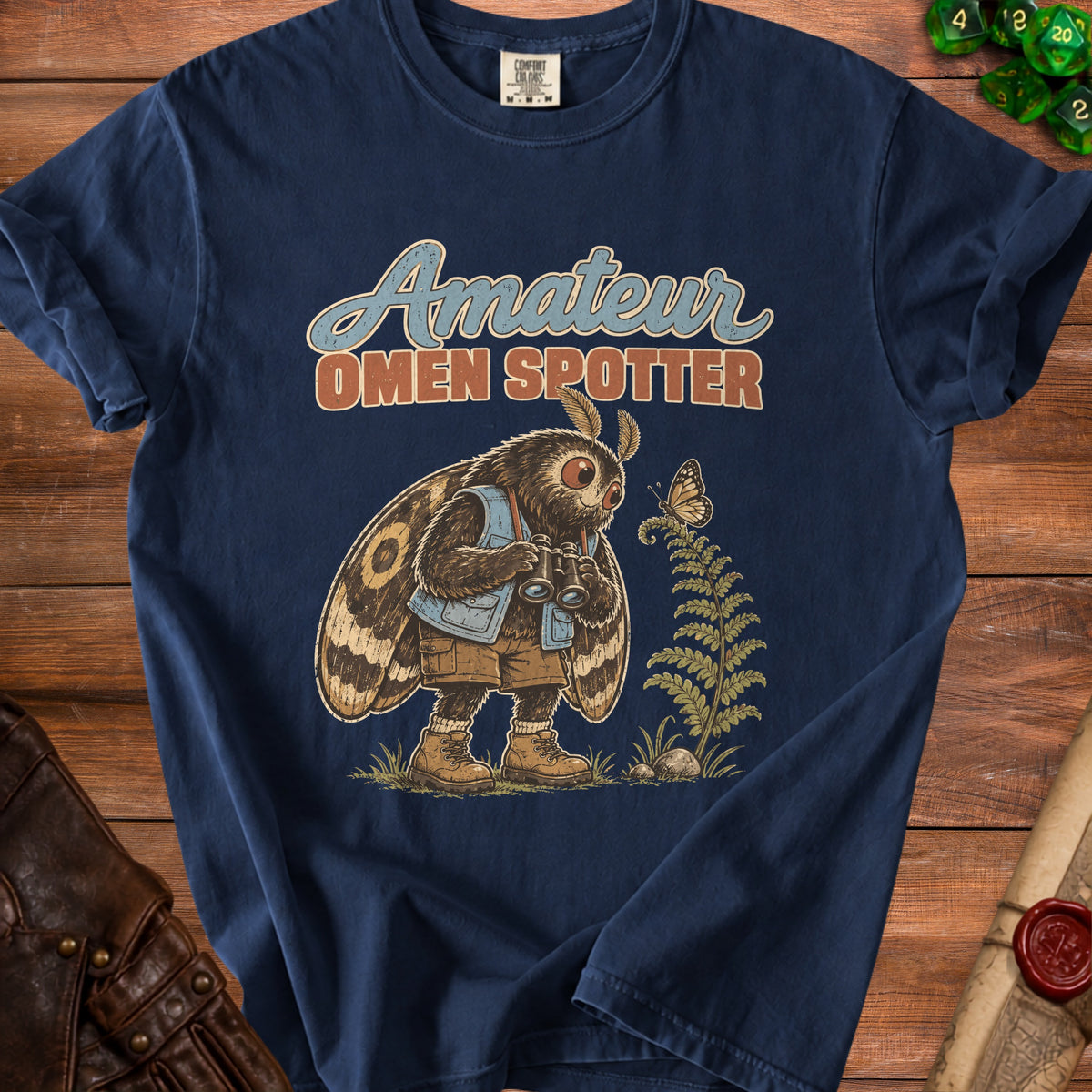 Moth character wearing binoculars and shorts, with "Amateur Omen Spotter" text.