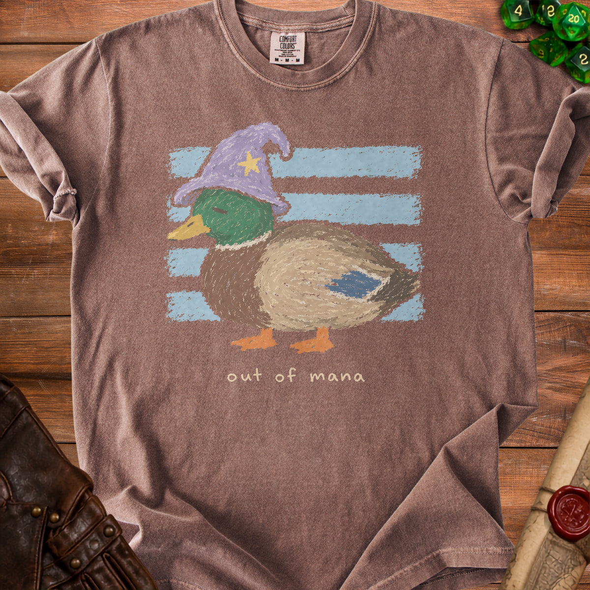 Brown t-shirt with a duck wearing a wizard hat and the text "out of mana."