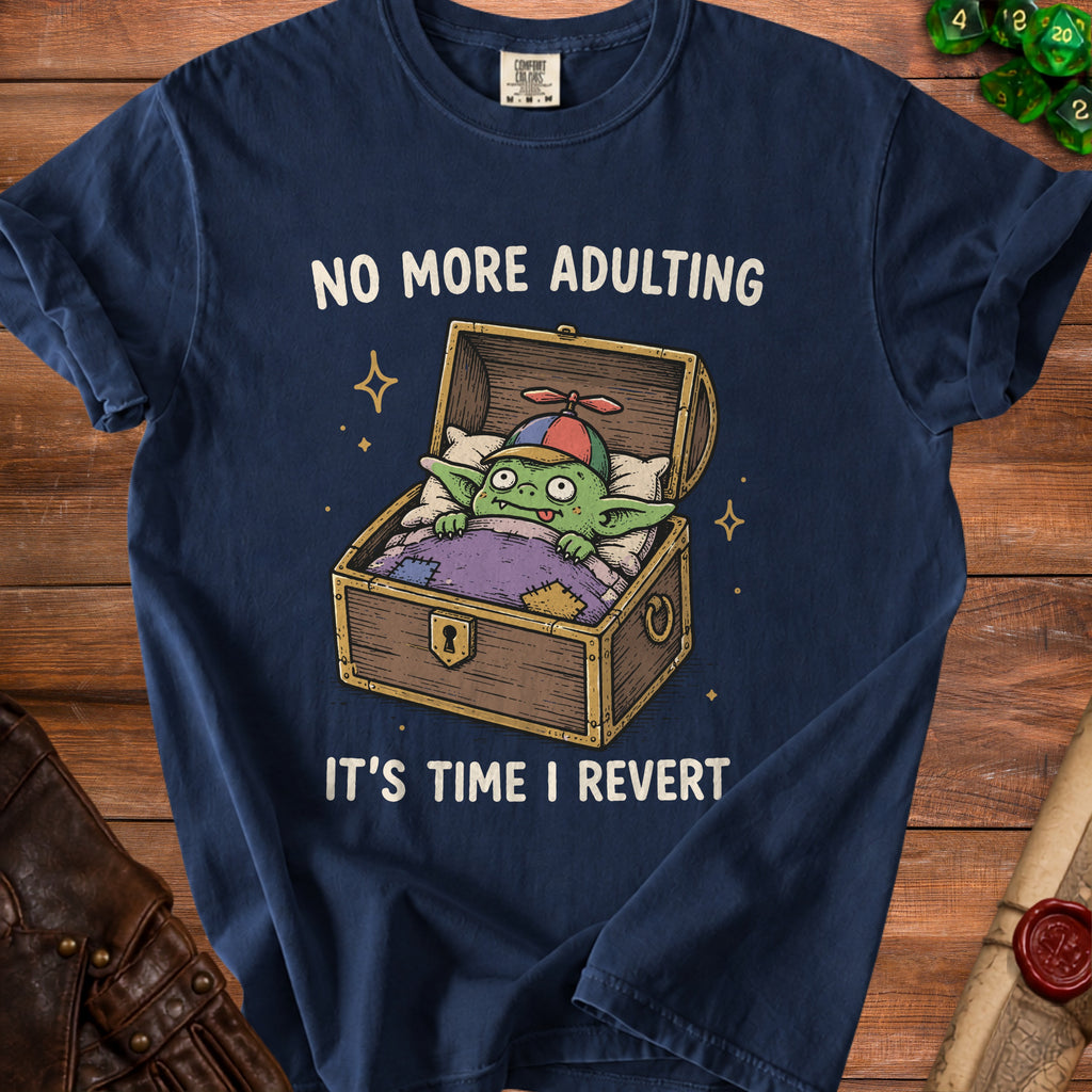 Navy t-shirt with a graphic of a green creature in a chest saying "NO MORE ADULTING IT'S TIME I REVERT".
