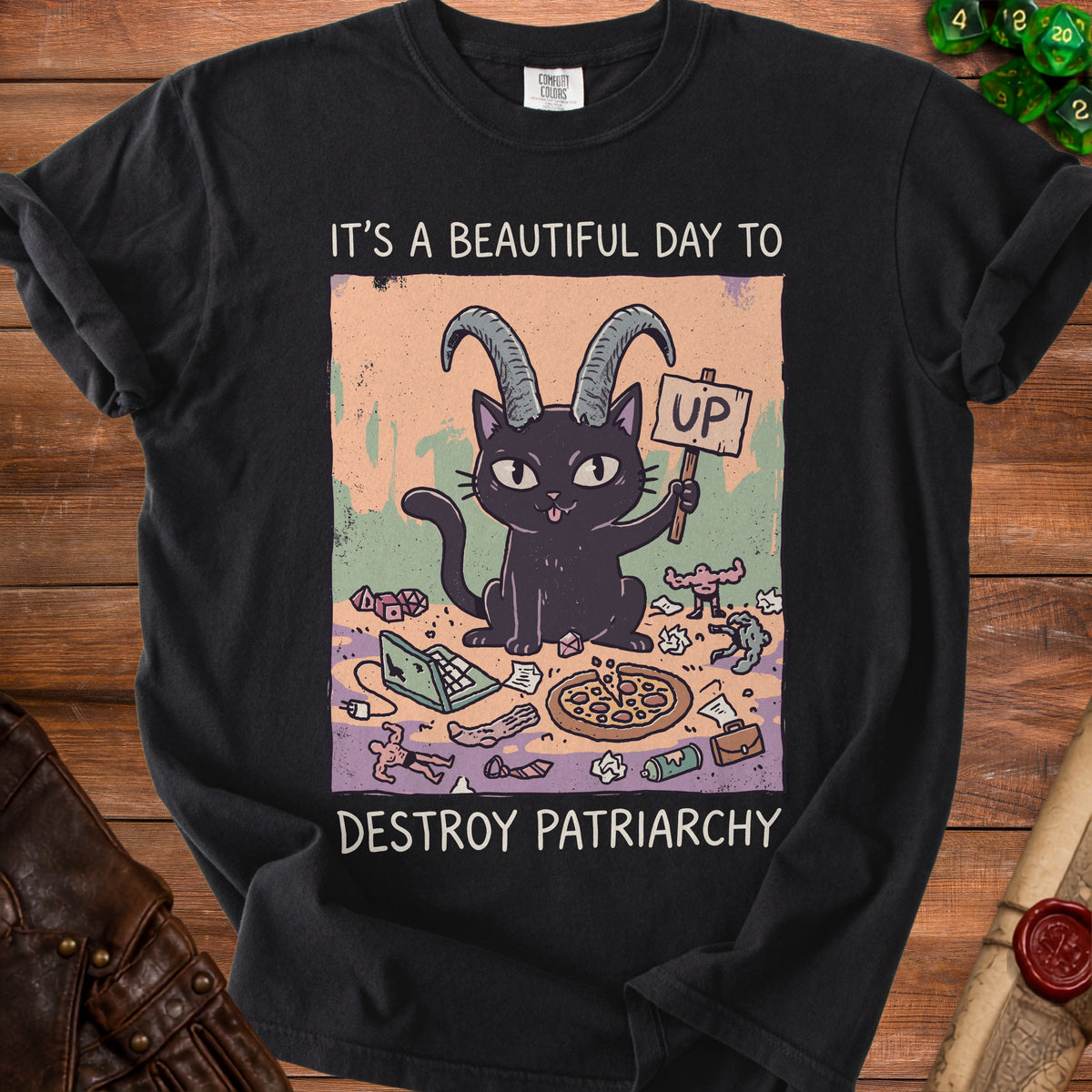 Black t-shirt with cartoon black cat with goat horns holding an "UP" sign.