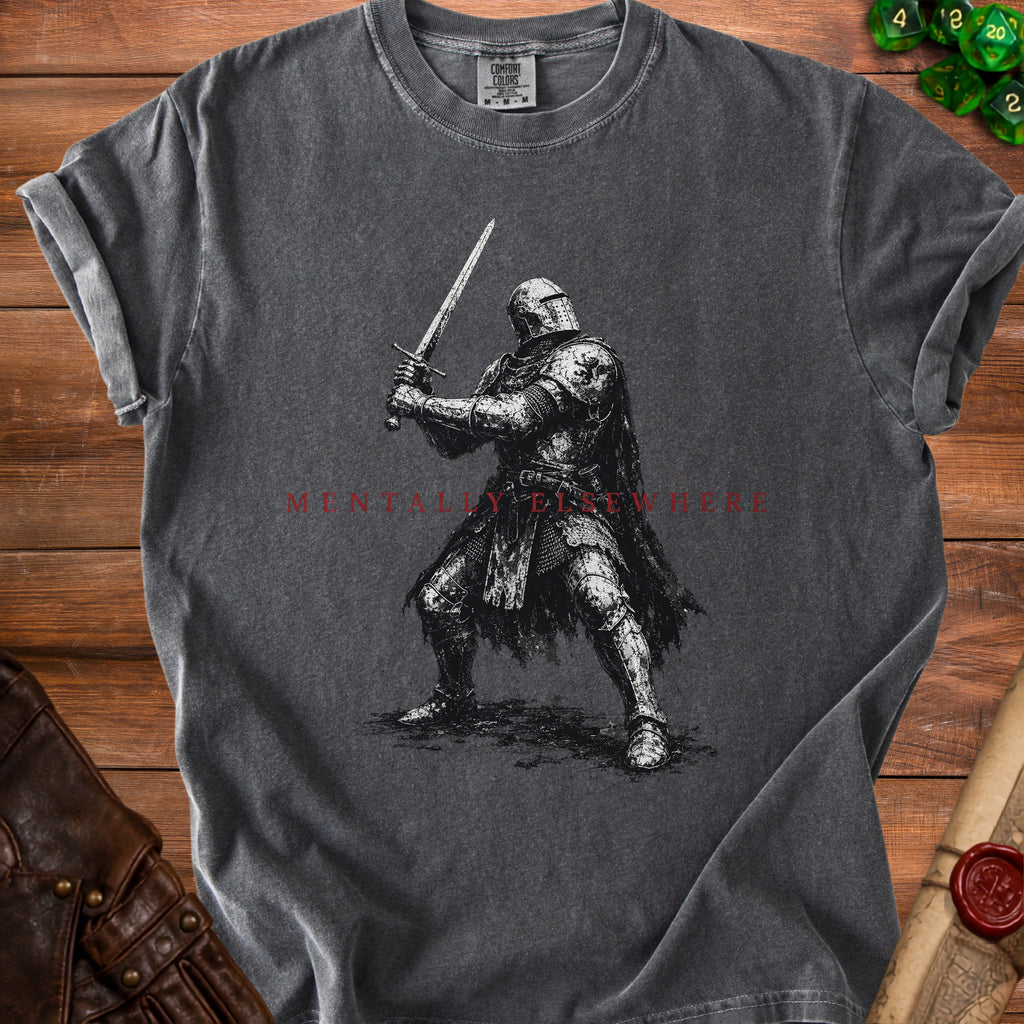Dark gray t-shirt with a knight illustration and "MENTALLY ELSEWHERE" text.