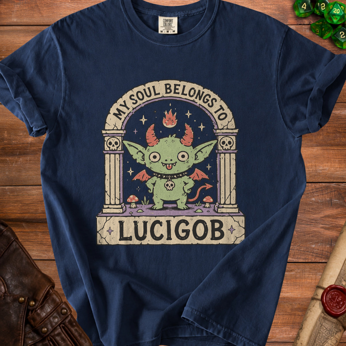 Navy t-shirt with a green goblin graphic and text "MY SOUL BELONGS TO LUCIGOB".