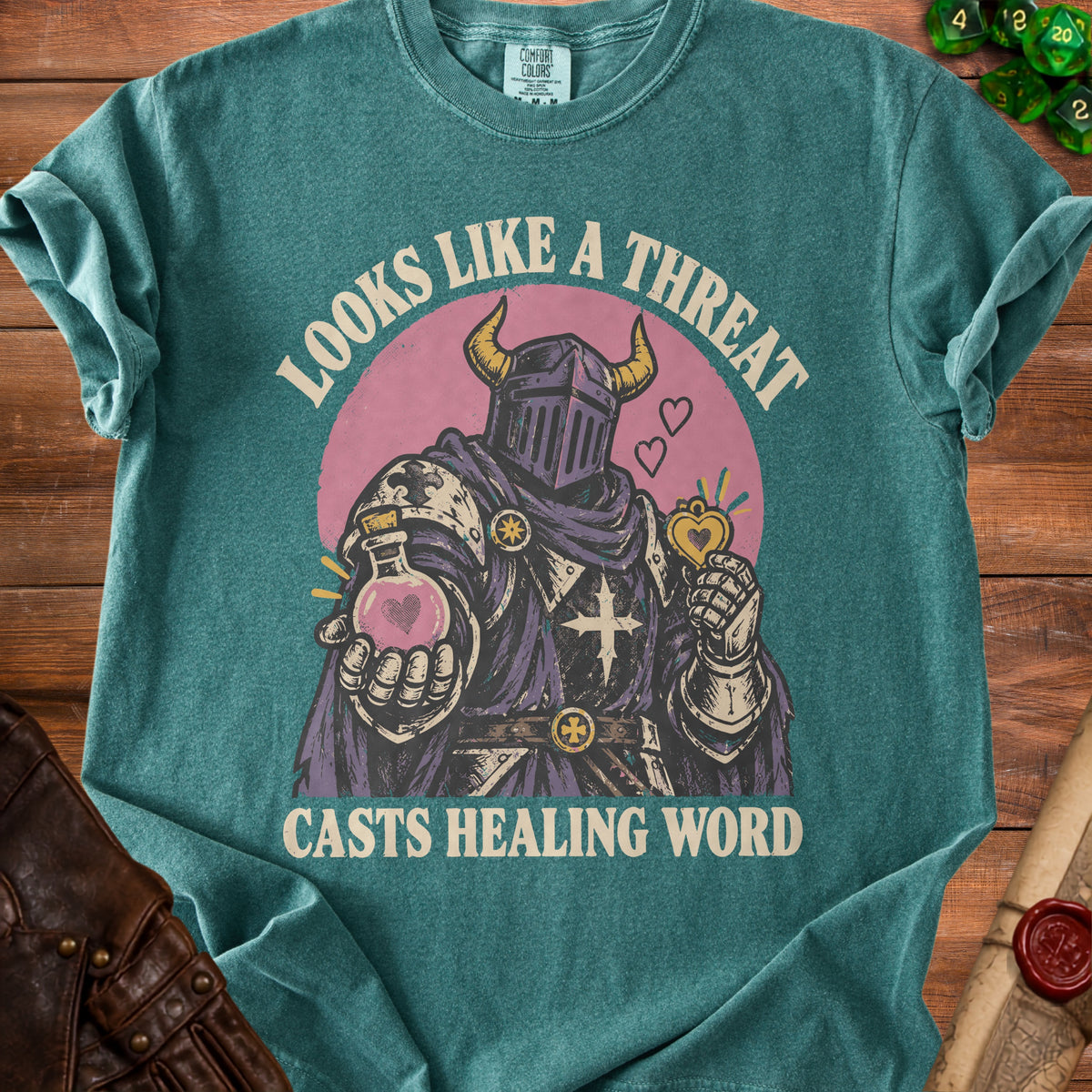 Knight in armor holds potion and amulet, text reads "Looks Like a Threat Casts Healing Word".