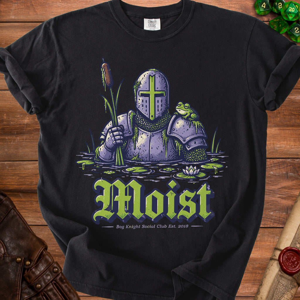 Knight in armor with frog and cattail in water, text "Moist".