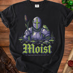 Knight in armor with frog and cattail in water, text "Moist".