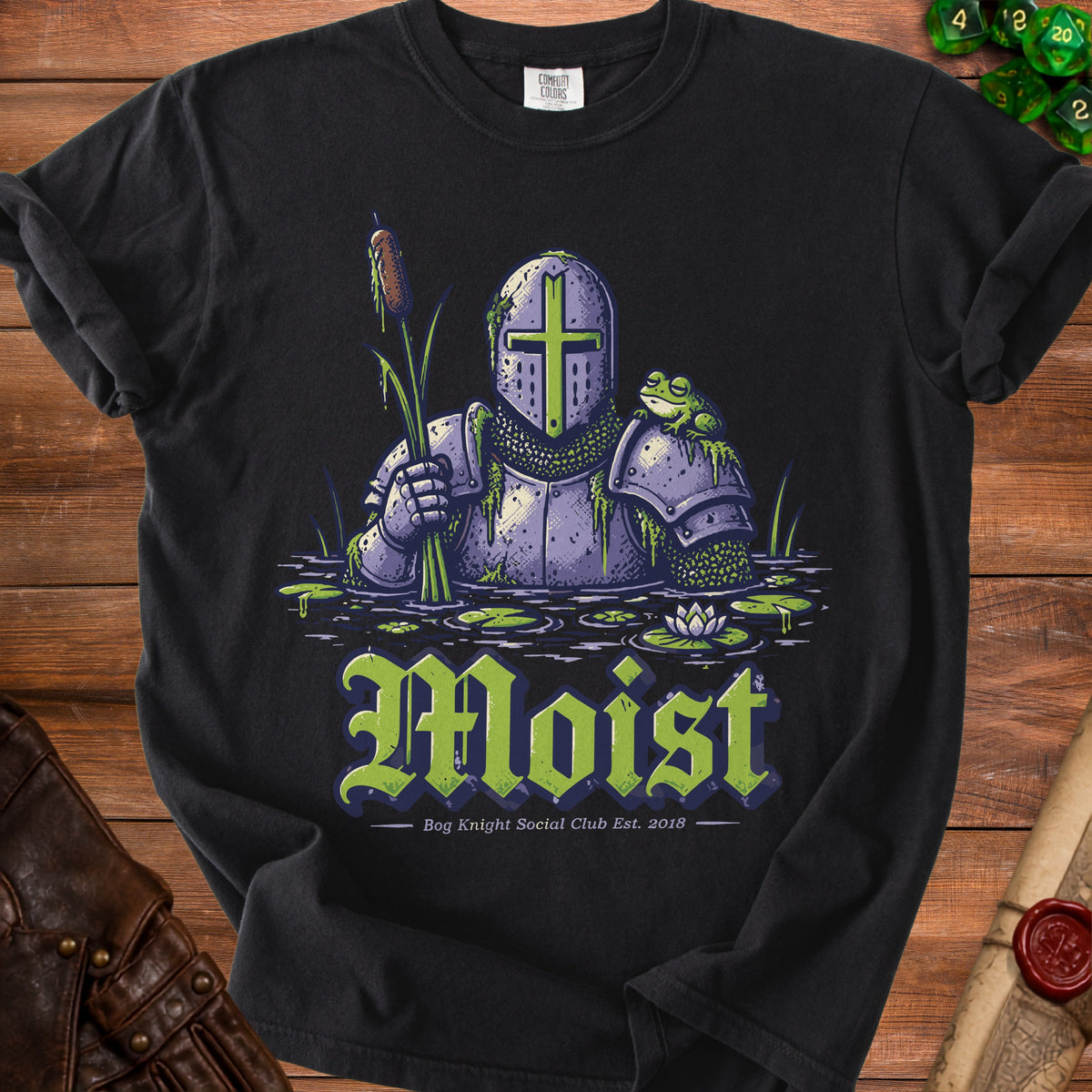Knight in armor with frog and cattail in water, text "Moist".