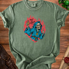 Green t-shirt with skeleton in blue robe holding potion, text "Trust the Healer."