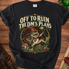 Black t-shirt with a frog wizard holding a book and wand, "Off to Ruin the DM's Plans" text.