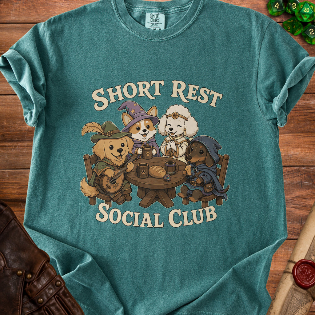 Four dogs in fantasy attire sit around a table with text "SHORT REST SOCIAL CLUB".