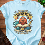 Light blue t-shirt with "Session Prep Mostly Vibes" and dice art.