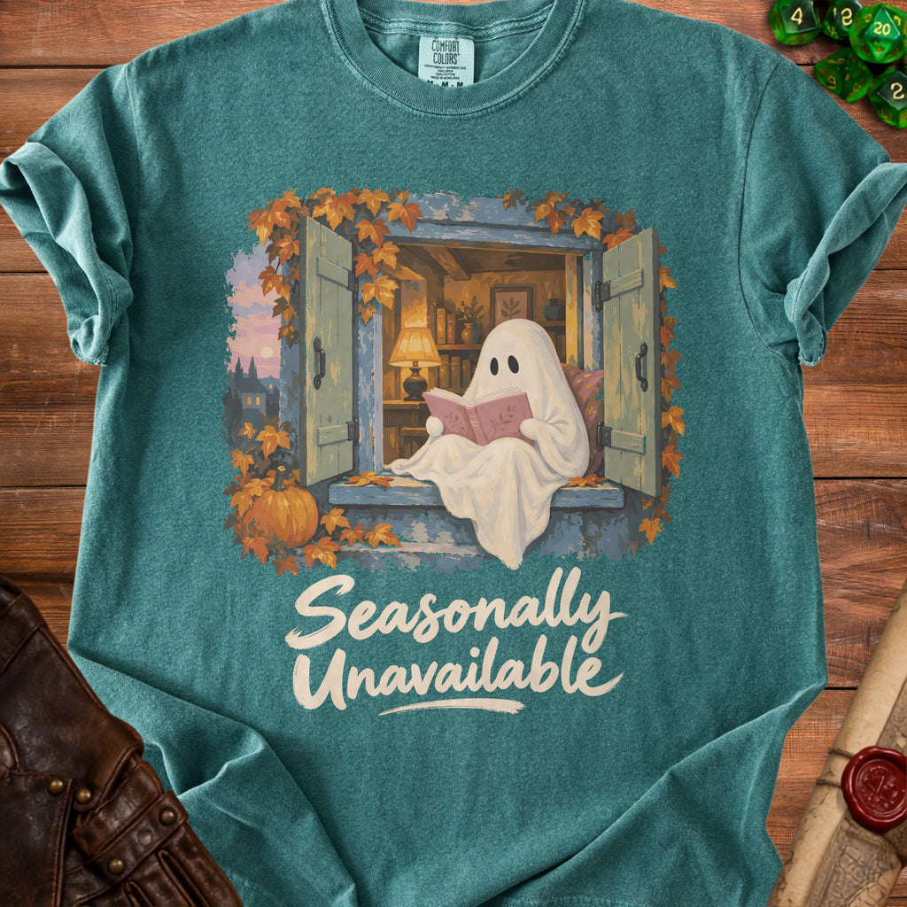 Ghost reading a book in an open window with text "Seasonally Unavailable".