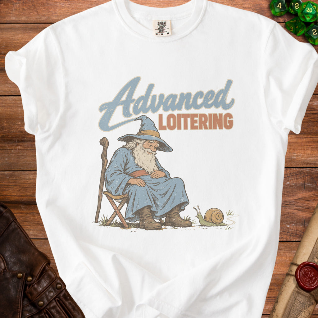 White t-shirt with wizard and snail graphic, reading "Advanced Loitering".