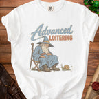 White t-shirt with wizard and snail graphic, reading "Advanced Loitering".