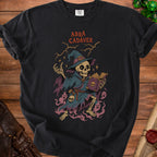 Skeleton wizard holding a spellbook, with text "ABRA CADAVER" above.