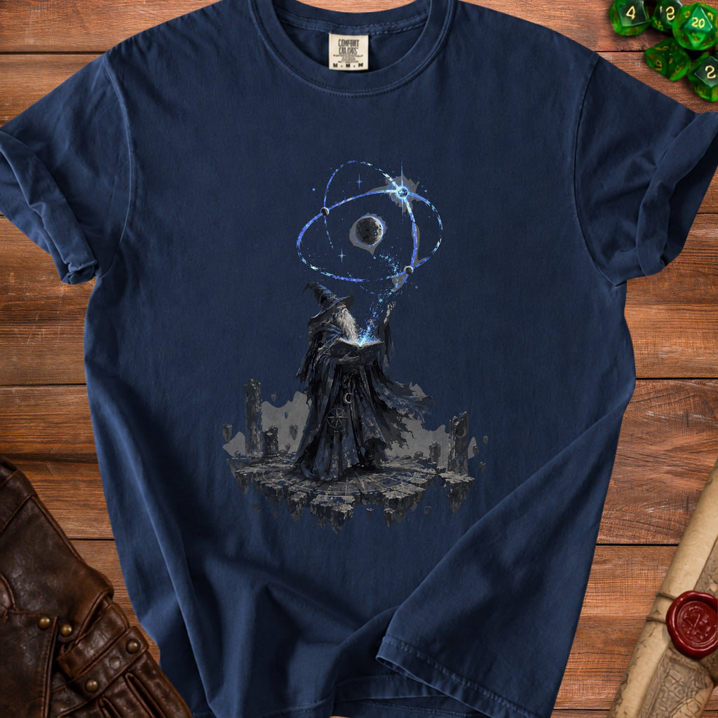Dark blue t-shirt featuring a wizard casting a spell on a floating island.