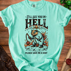 Badger character with flails on ice, text "I'll See You In Hell Please Save Me A Seat".