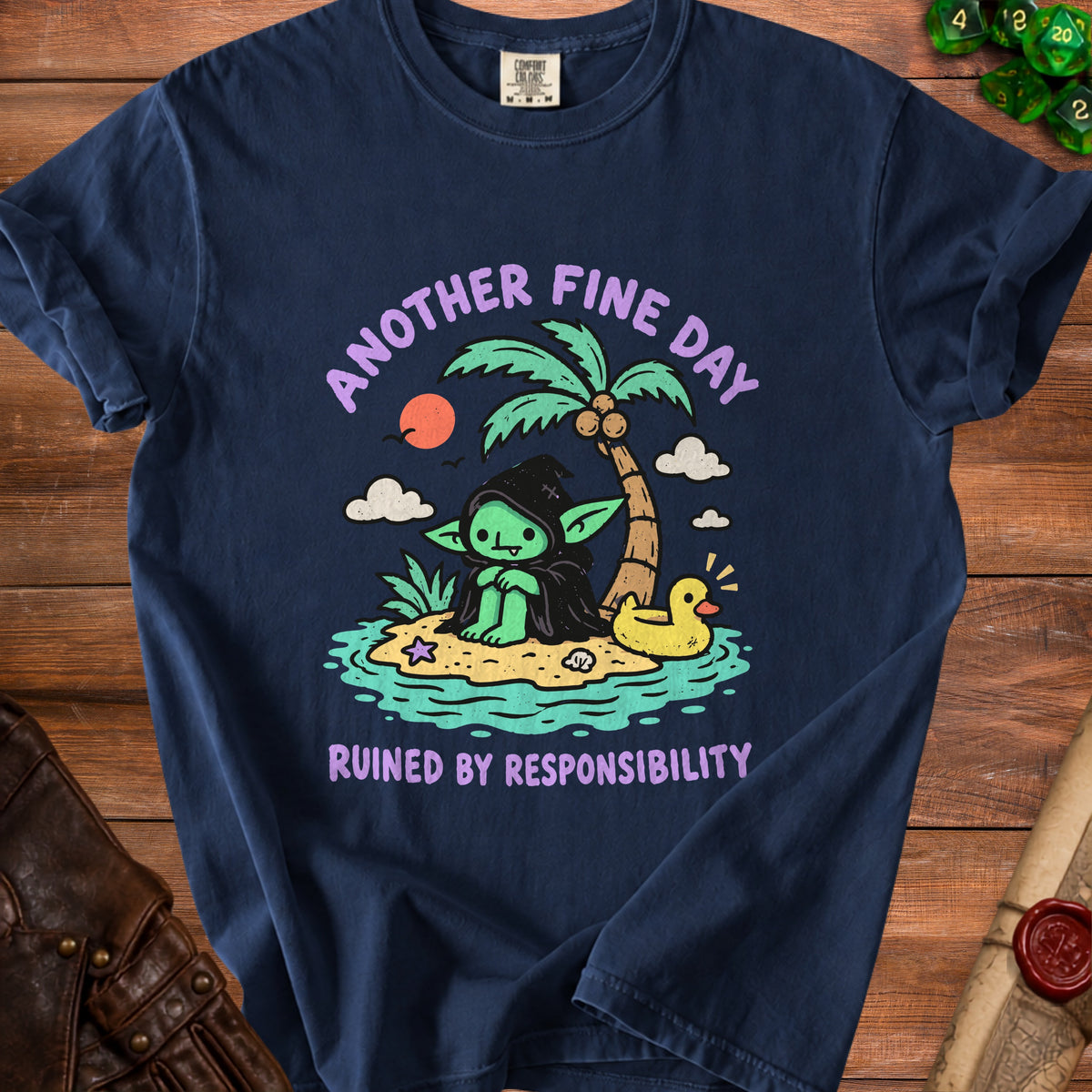 Green creature on island with palm tree and duck, text "Another Fine Day Ruined By Responsibility."