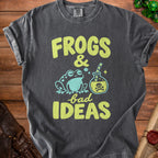 Dark gray t-shirt with yellow text "Frogs & bad IDEAS" and a frog with a potion.
