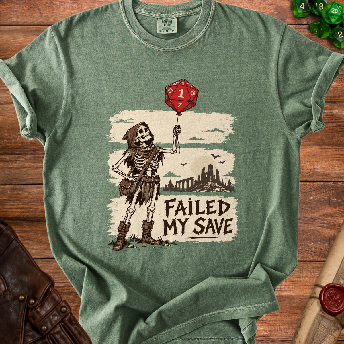 Skeleton holding a red D20 balloon with text "FAILED MY SAVE"