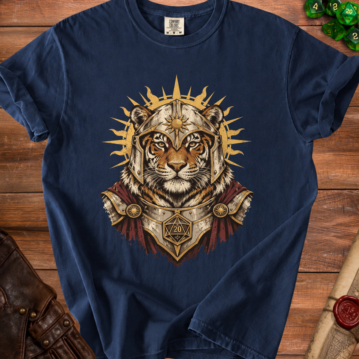 Tiger warrior in armor with sunburst and d20 die on navy t-shirt.