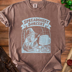 Brown t-shirt with "Spreadsheet Sorcery" text, wizard, computer, and dragon graphic.