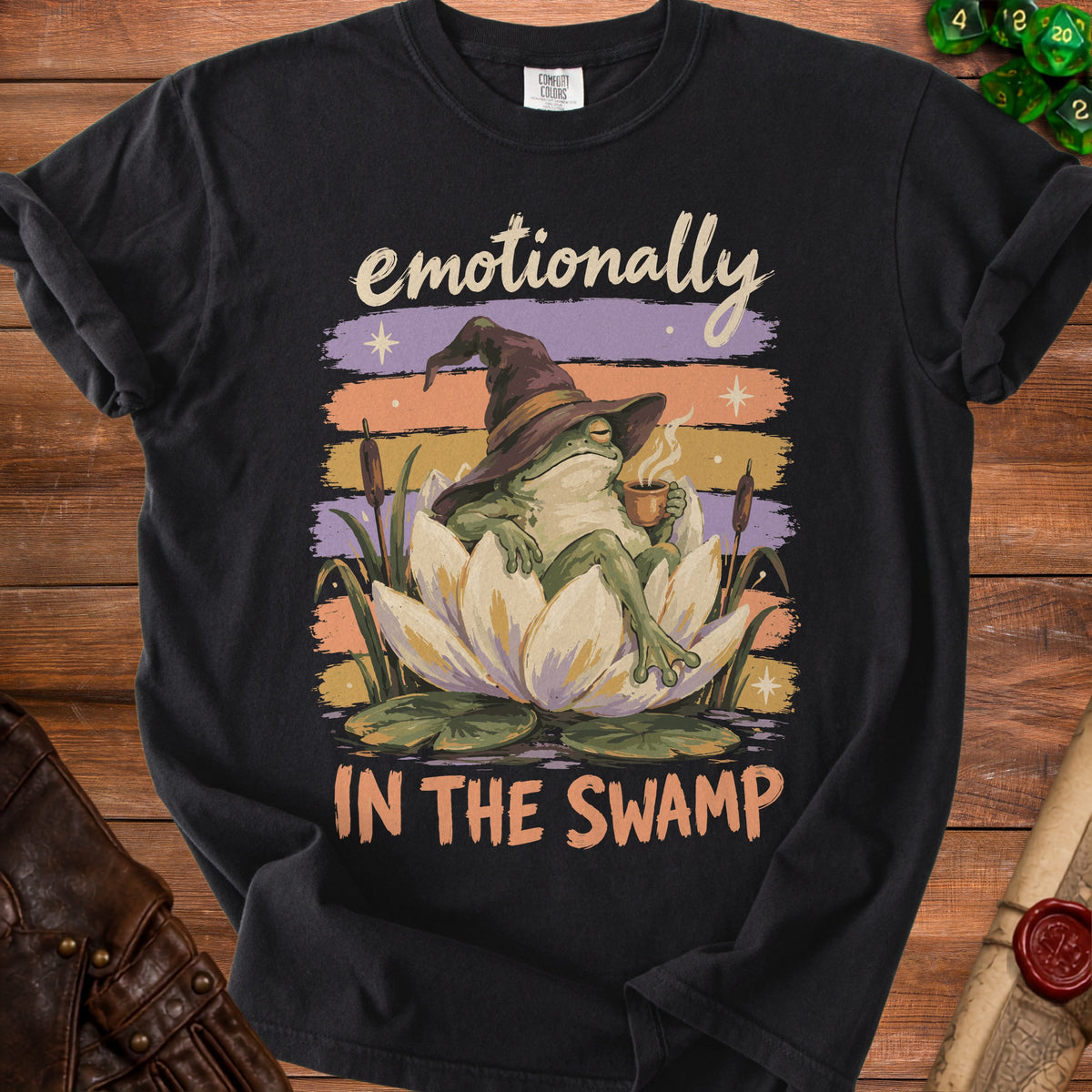 Frog wearing a wizard hat and drinking coffee on a lotus flower with text.