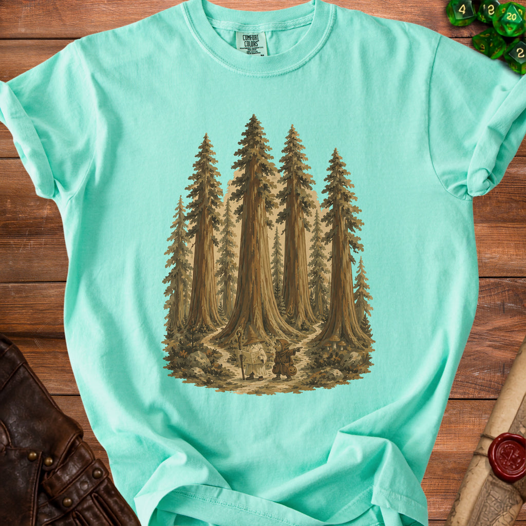 A mint green t-shirt with a forest scene featuring a wizard and a hobbit.