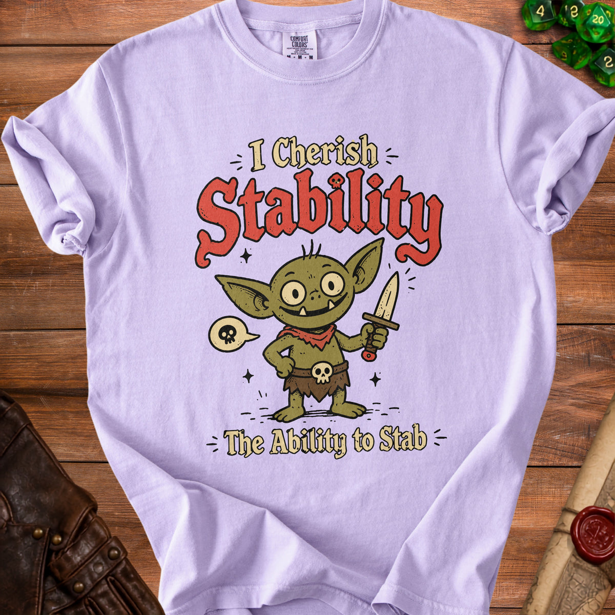 Light purple t-shirt with goblin graphic and text "I Cherish Stability The Ability to Stab."