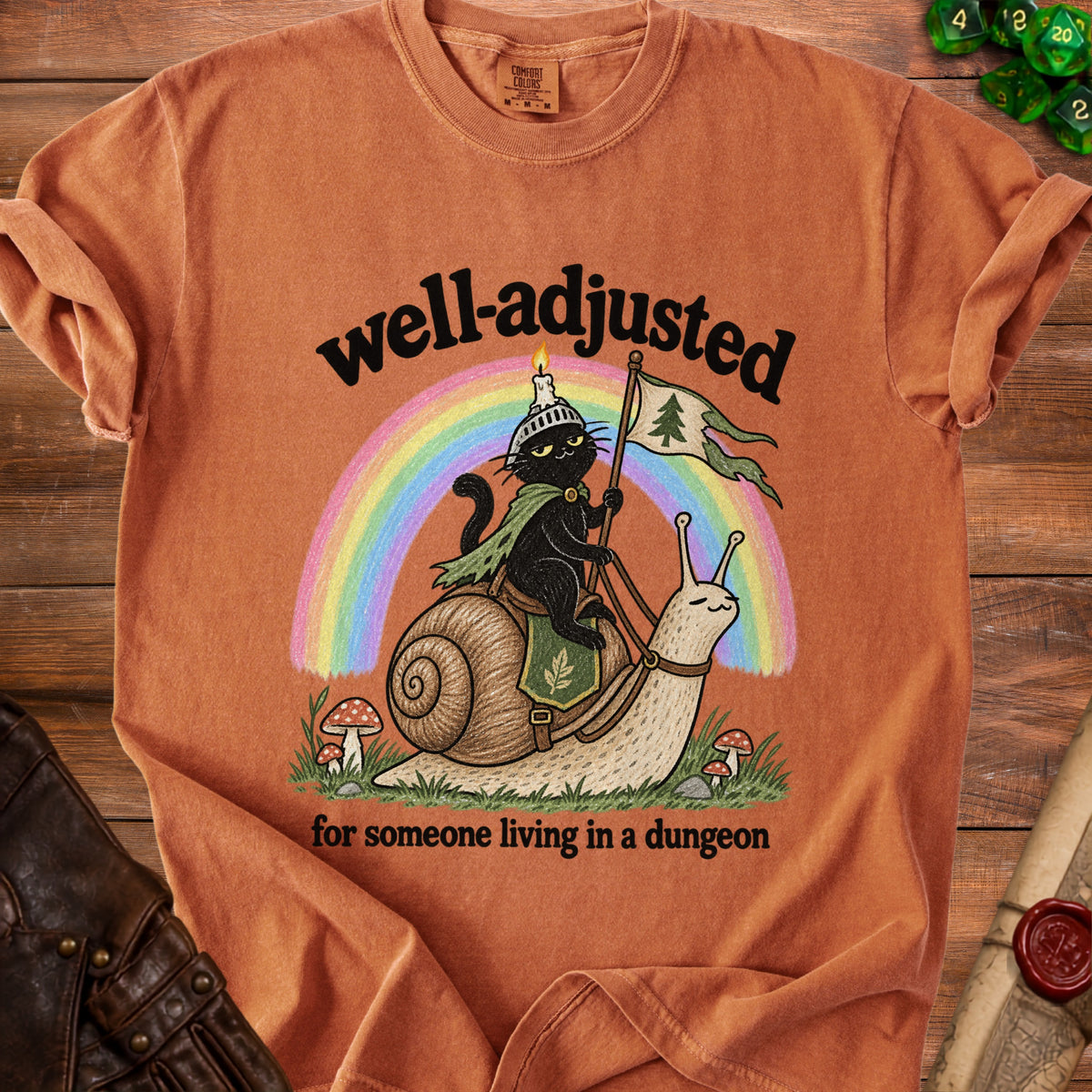 Black cat wearing a candle helmet rides a snail past a rainbow with text "well-adjusted".
