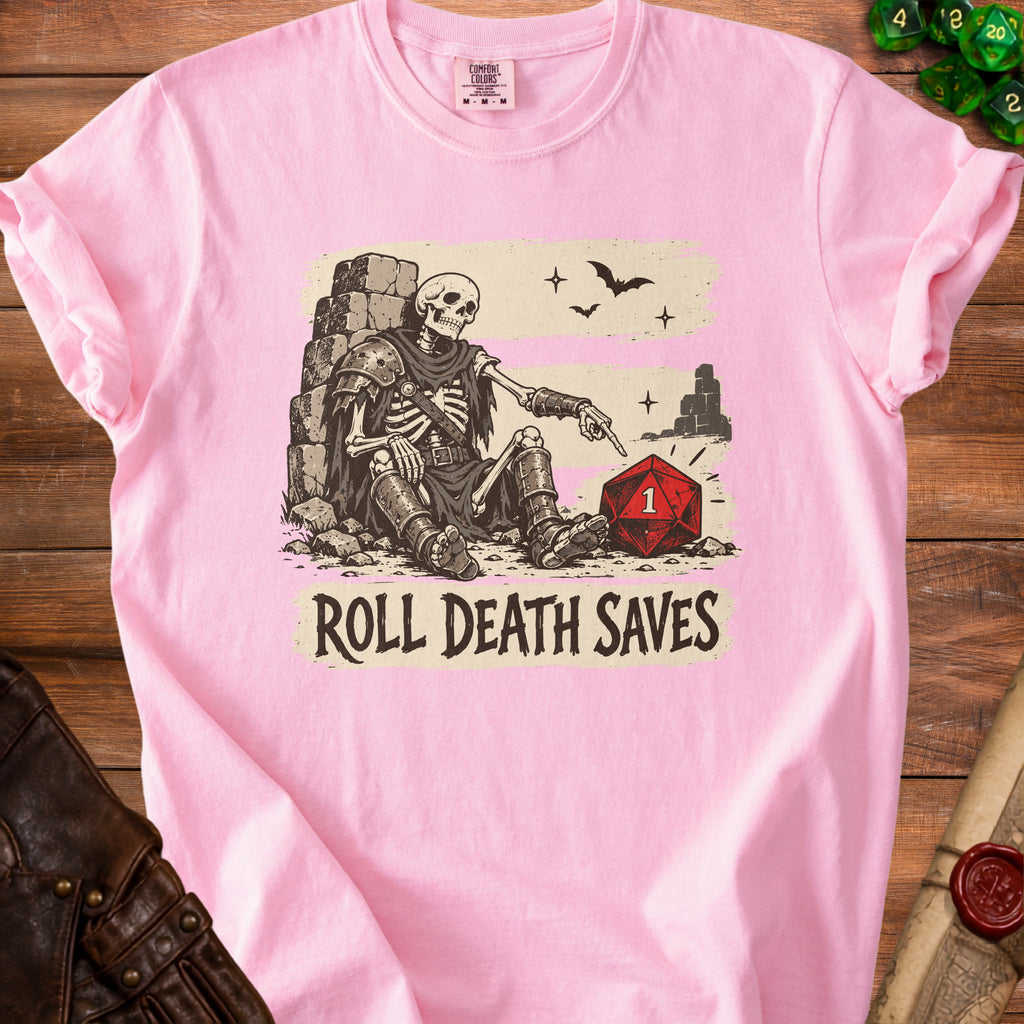Skeleton pointing to a die with text "ROLL DEATH SAVES".