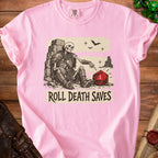 Skeleton pointing to a die with text "ROLL DEATH SAVES".
