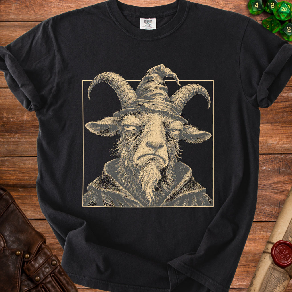Black t-shirt featuring a vintage illustration of a goat wearing a wizard hat and robe.