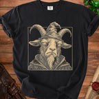 Black t-shirt featuring a vintage illustration of a goat wearing a wizard hat and robe.