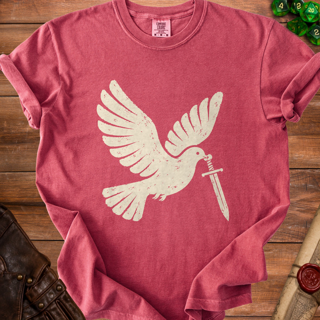T-shirt with a distressed cream print of a dove holding a sword in its beak.