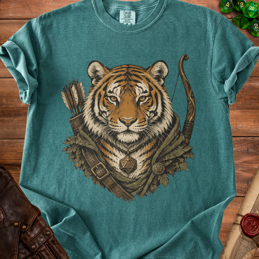 Tiger wearing adventurer gear with a D20 necklace and quiver of arrows.